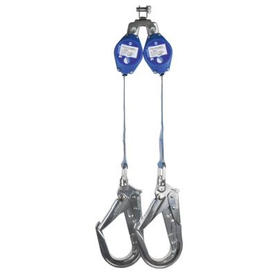 This double fall arrest block is for one person, max load of 136 kg. Integrated shock absorber.