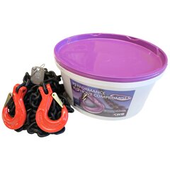 Lashing chain perfect for securing vehicles and machines to a flatbed or road rescue car. Chain Sling Grade 80 in a bucket