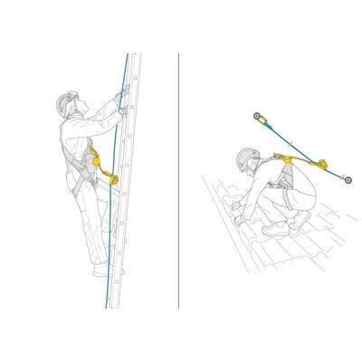 Petzl ASAP mobile fall arrester attached to vertical safety rope for work at height applications.