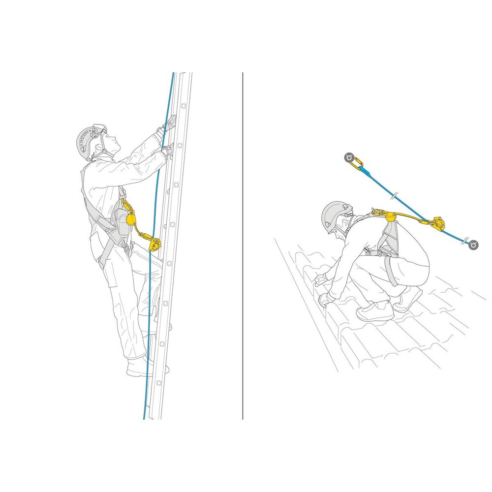 Petzl ASAP mobile fall arrester attached to vertical safety rope for work at height applications.