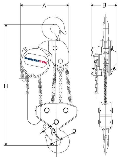 POWERTEX chain hoist measurements 10 ton