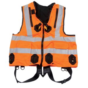 Reflective work vest with a built-in harness with front and dorsal anchorage points.