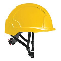 Adjustable size using wheel ratchet, four point chinstrap. Safety Helmet