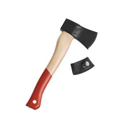 Axe with wooden handle and blade protector.