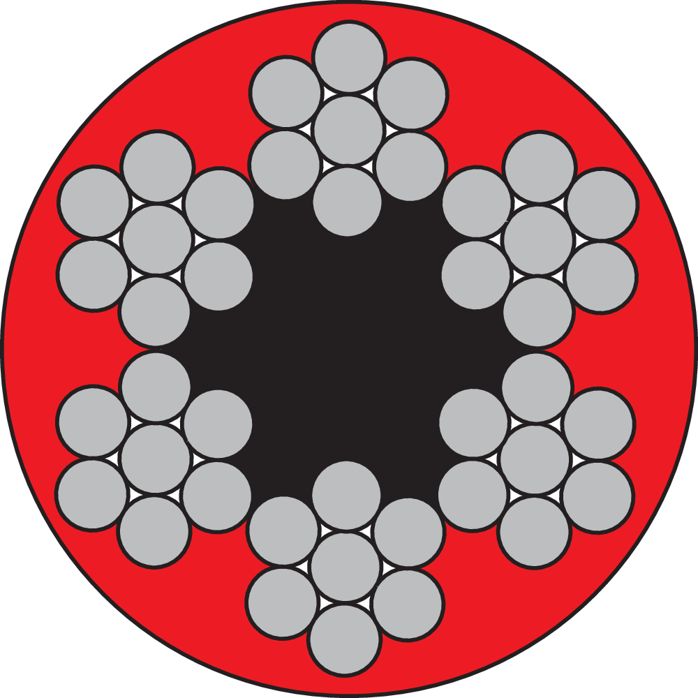 Ståltau 6x7 FC dekket med rød PVC.