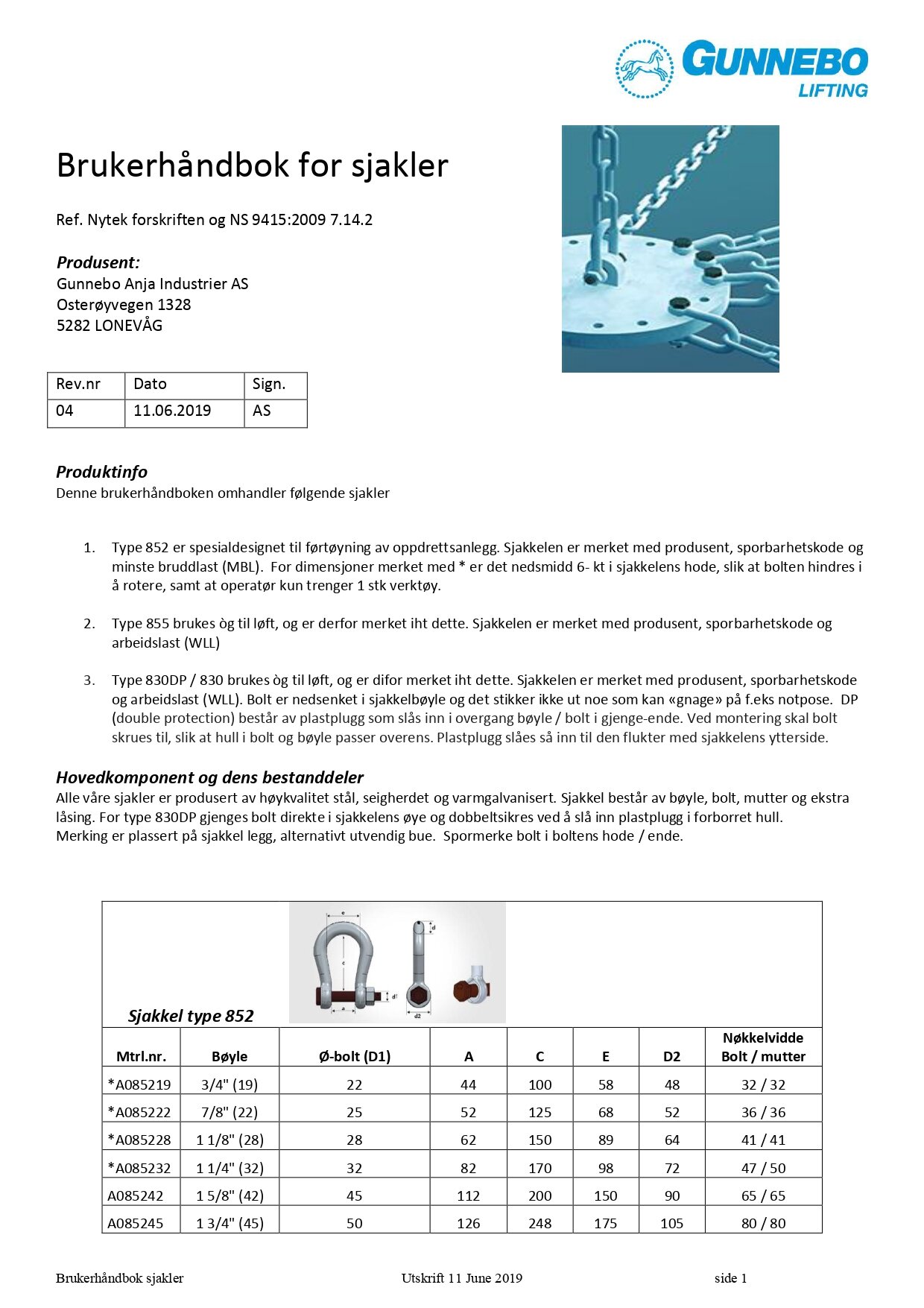 User handbook for shackles (Gunnebo)