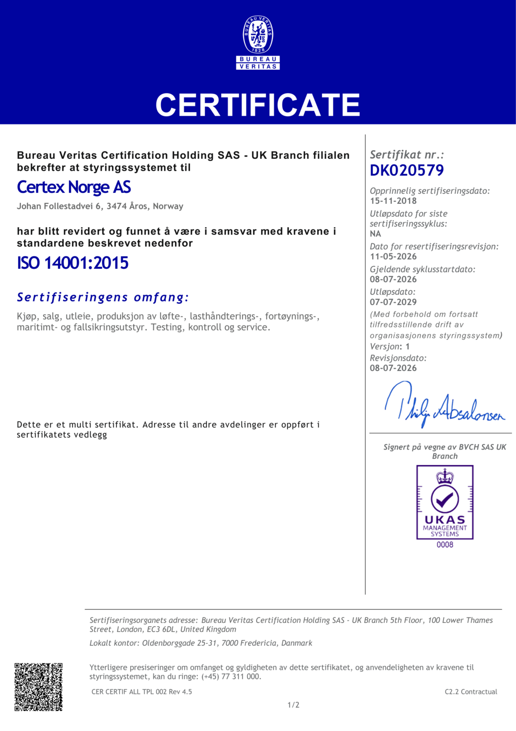 2026 ISO 14001 Norsk sertifikat