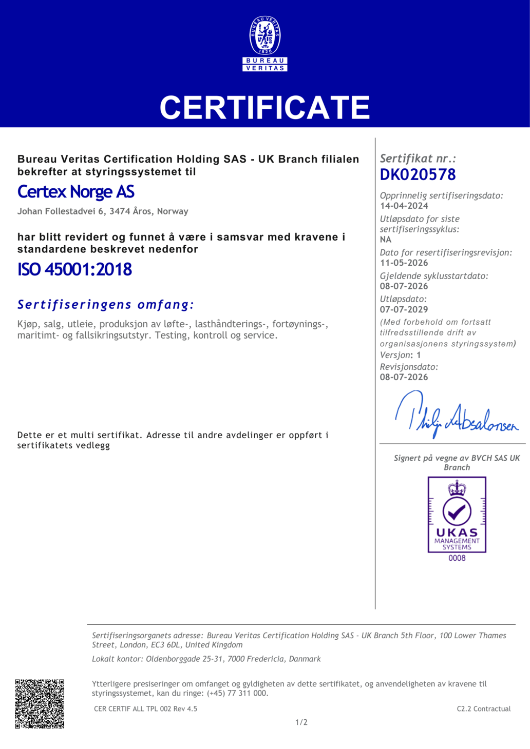 2026 ISO 45001 Norsk sertifikat