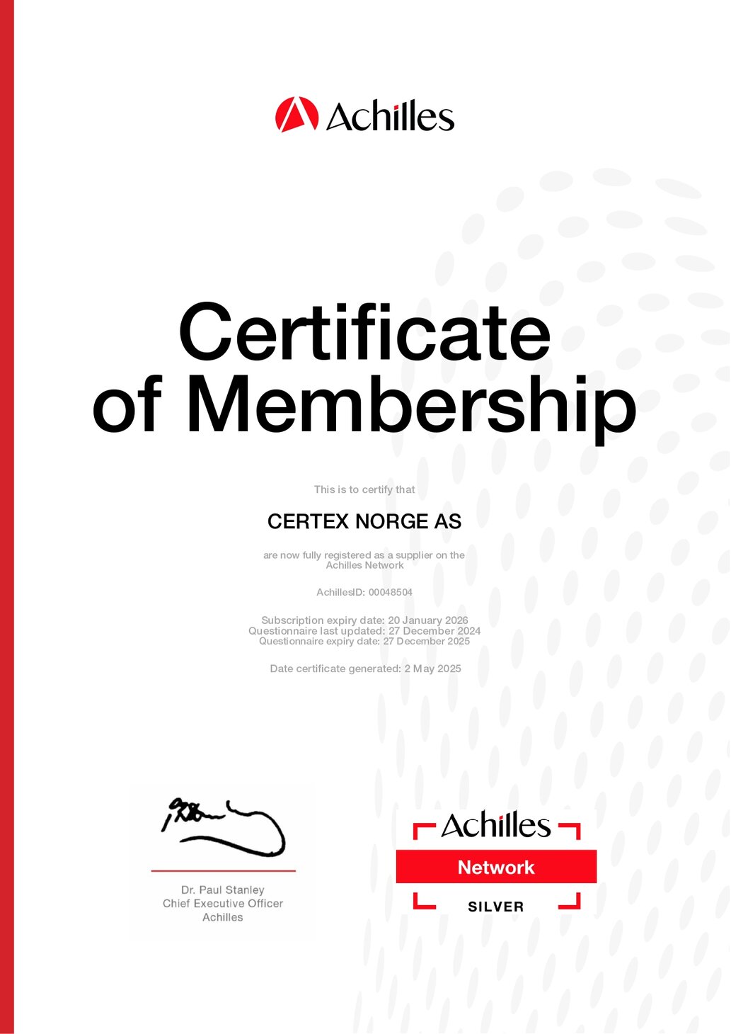 Achilles Network Silver Certificate of Membership