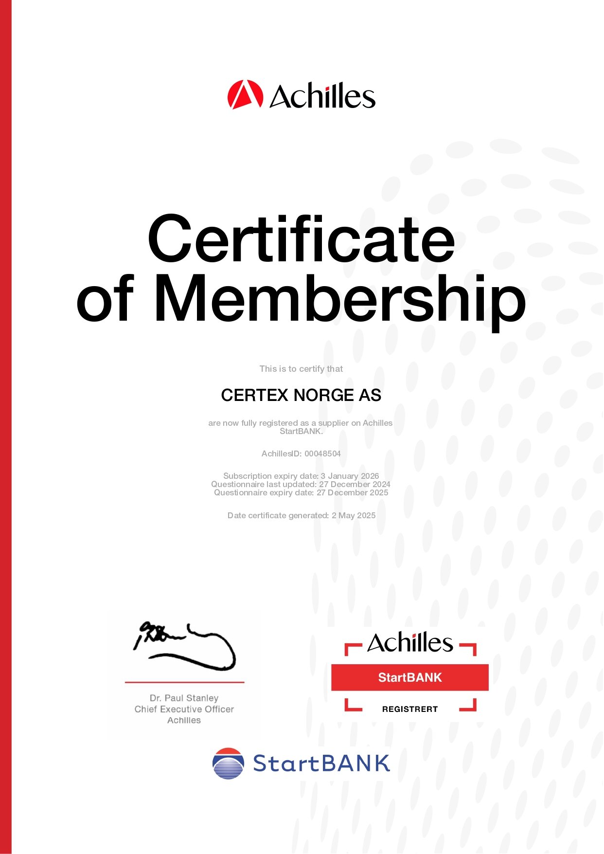 Achilles StartBANK Registered Certification of membership
