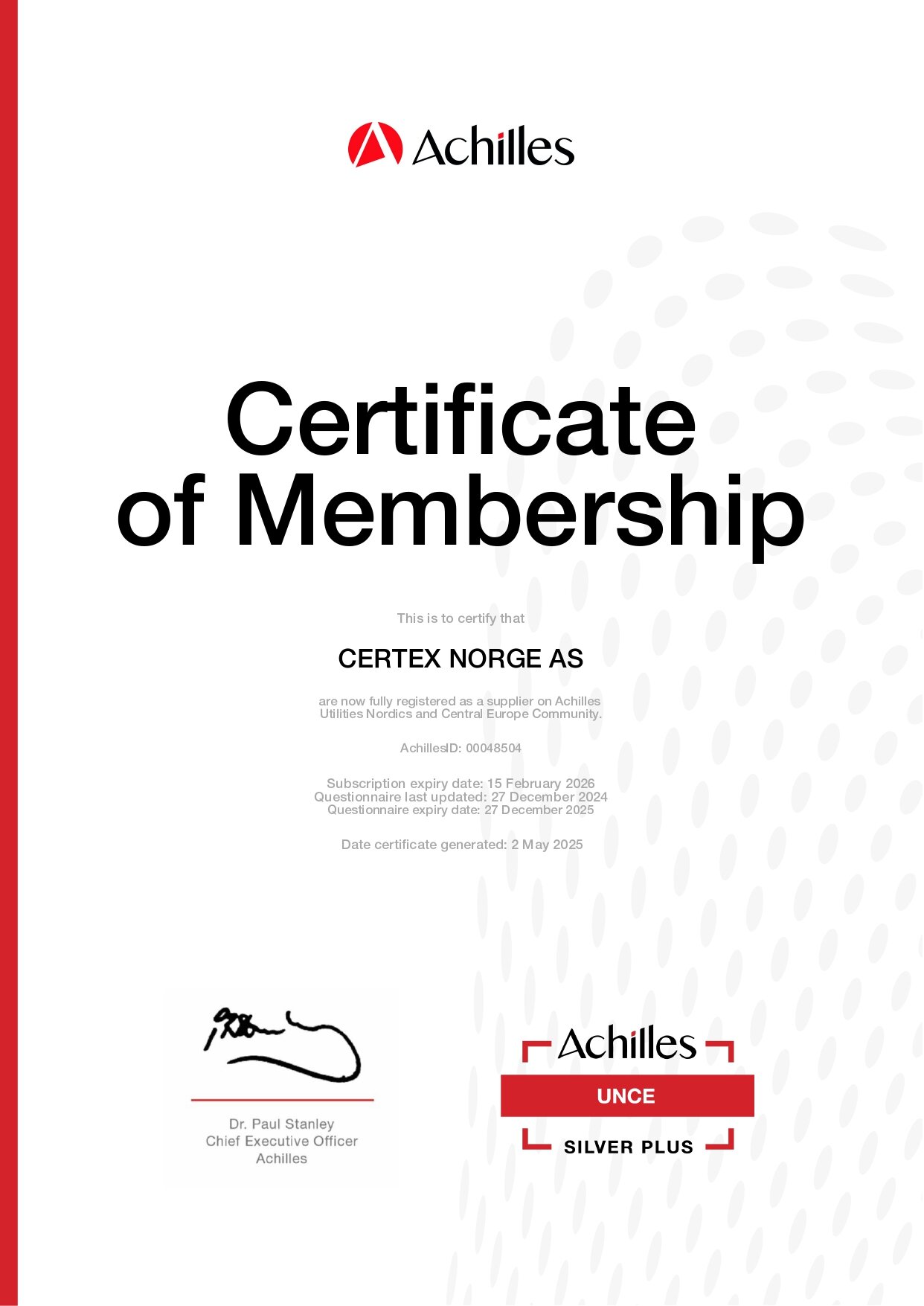 Achilles UNCE Silver Plus Certification of membership